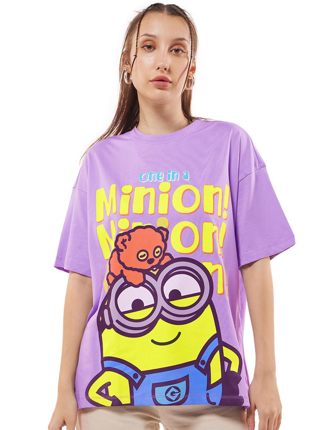 Bewakoof Official Minions Merchandise Minions Womens Graphic Printed Oversized Fit Half Sleeve Round Neck Cotton Jersey T-Shirt