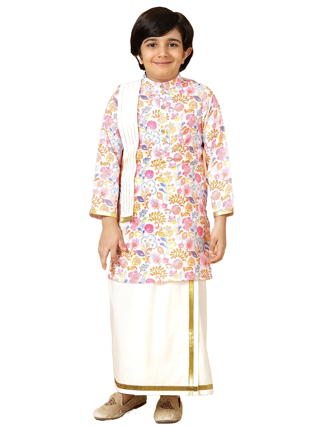 A.T.U.N. (ALL THINGS UBER NICE) Boys Rouge Floral Printed Kurta with Elasticated Mundu with Underneath Shorts Set
