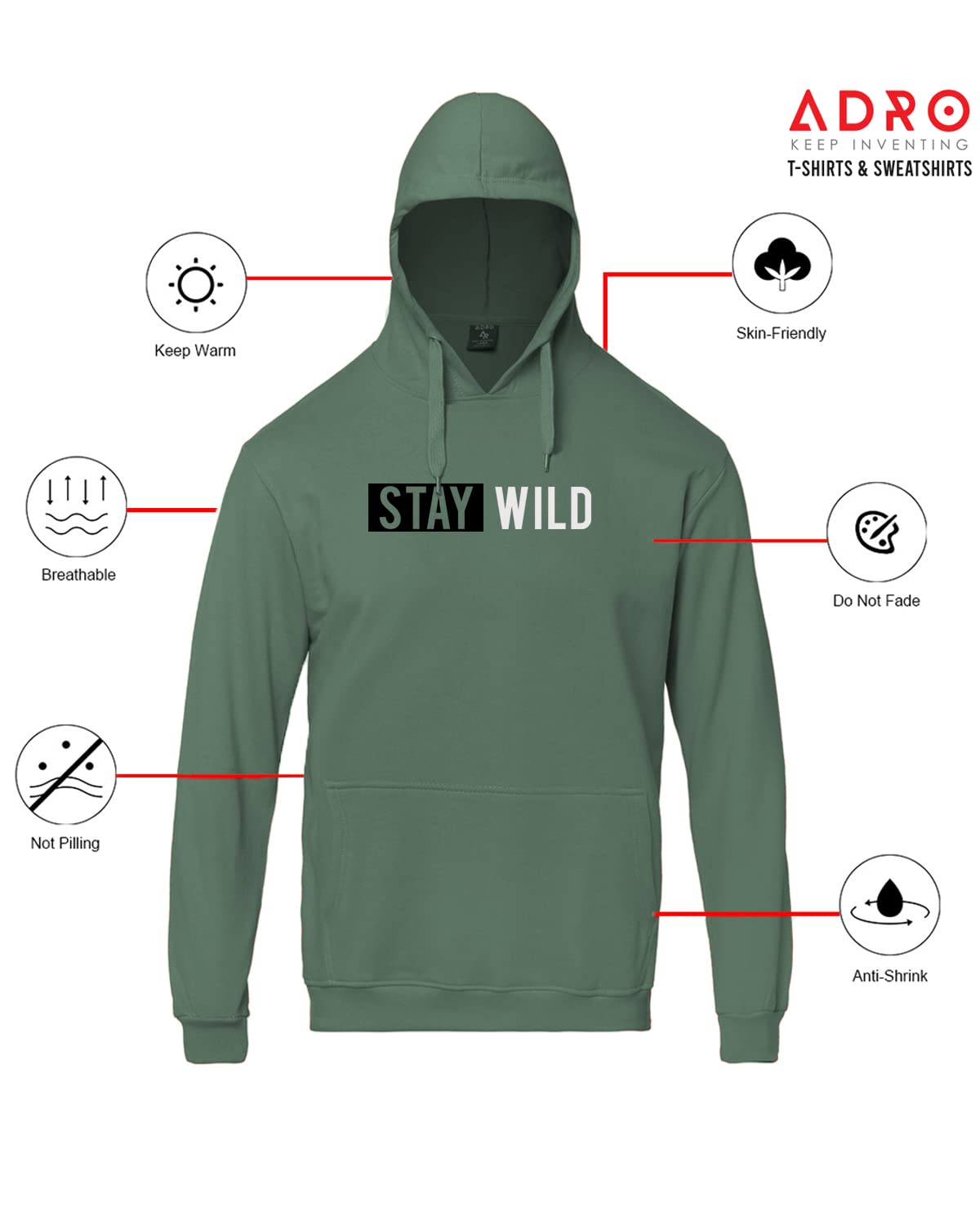 ADRO Men's Stay Wild Design Printed Hooded Neck Cotton Hoodies (H21-M-STAY-PT_Pista)