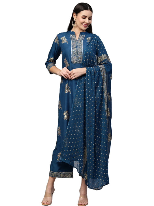 GoSriKi Women's Cotton Blend Straight Embellished Kurta with Palazzo & Dupatta (Farida-GO)