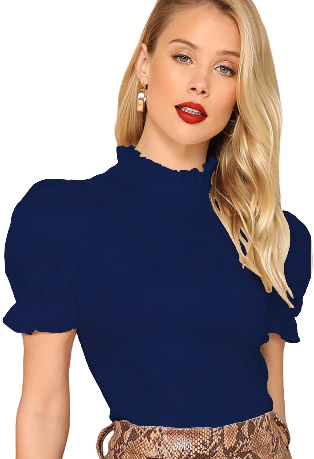 Shasmi Womens Blue Pleated High Neck Short Puff Sleeve Ruched Bust Solid Tops for Women/Tops for Girls (Shree Top 22 Navy Blue