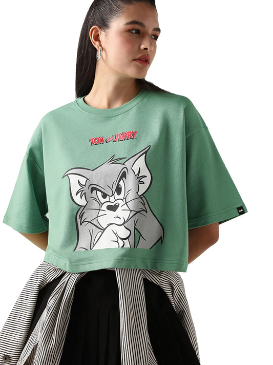Bewakoof Heavy Duty 1.0 Official Tom & Jerry Merchandise Womens Graphic Print Oversized Fit Half Sleeve Round Neck Terry Short
