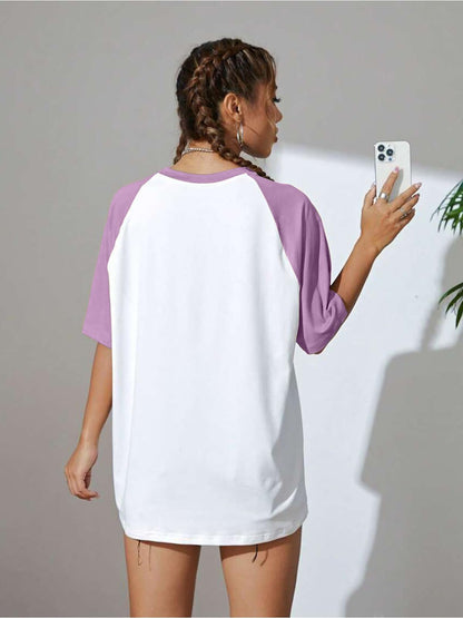 Juneberry 100% Pure Cotton Oversized Baggy Fit Drop Shoulderlilacgraphic Printed Raglan Sleeves Boyfriend T-Shirt For Women & Gi