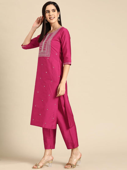Libas Pink Yoke Design Silk Blend Straight Kurta With Trousers & Dupatta
