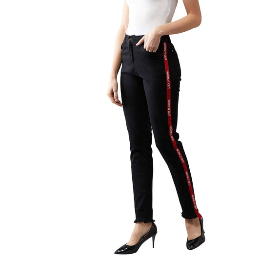 Dolce Crudo Womens Black Slim Fit High Rise Mildly Distress Regular Length Printed Twill Tape Detailing Stretchable Denim Jeans