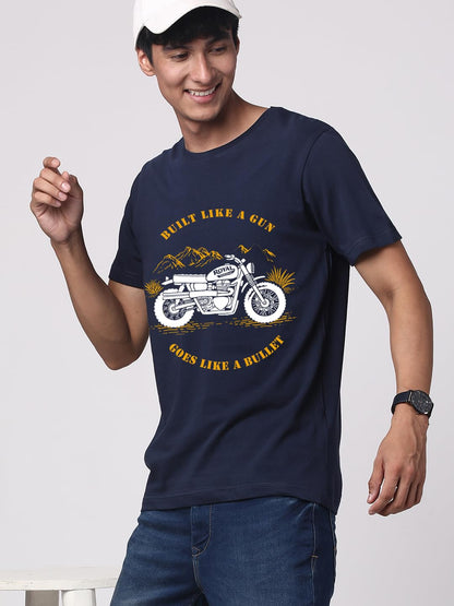 ADRO Men's Royal Bike Design Printed 100% Cotton T-Shirt - Regular Fit, Printed T-Shirts for Men (RN24-RYL-NB_Navy)