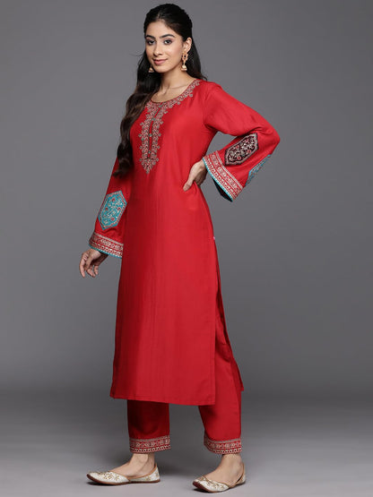 Varanga Women Red Embroidered Straight Kurta Paired With Tonal Bottom And Contrast Dupatta With Four Sided Fringes