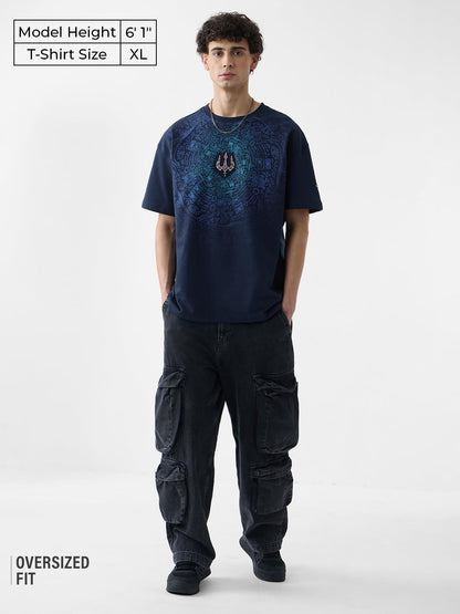 The Souled Store Trident Men and Boys Short Sleeves Roud Neck Blue Graphic Printed Cotton Oversized T-Shirts