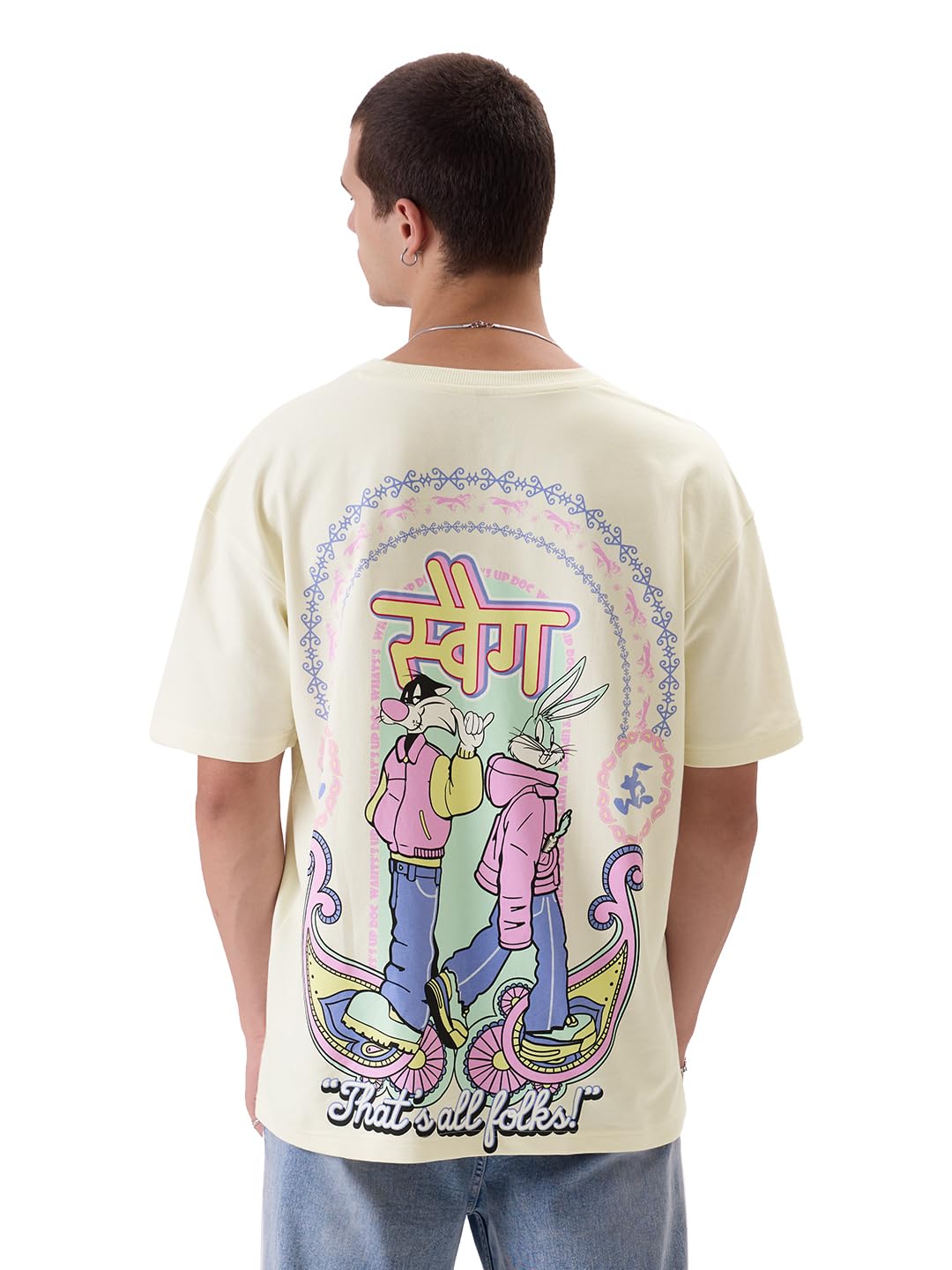 The Souled Store Official Truck Art: Looney Tunes Mens and Boys Oversized fit Graphic Printed Half Sleeve Cotton Beige Color Men