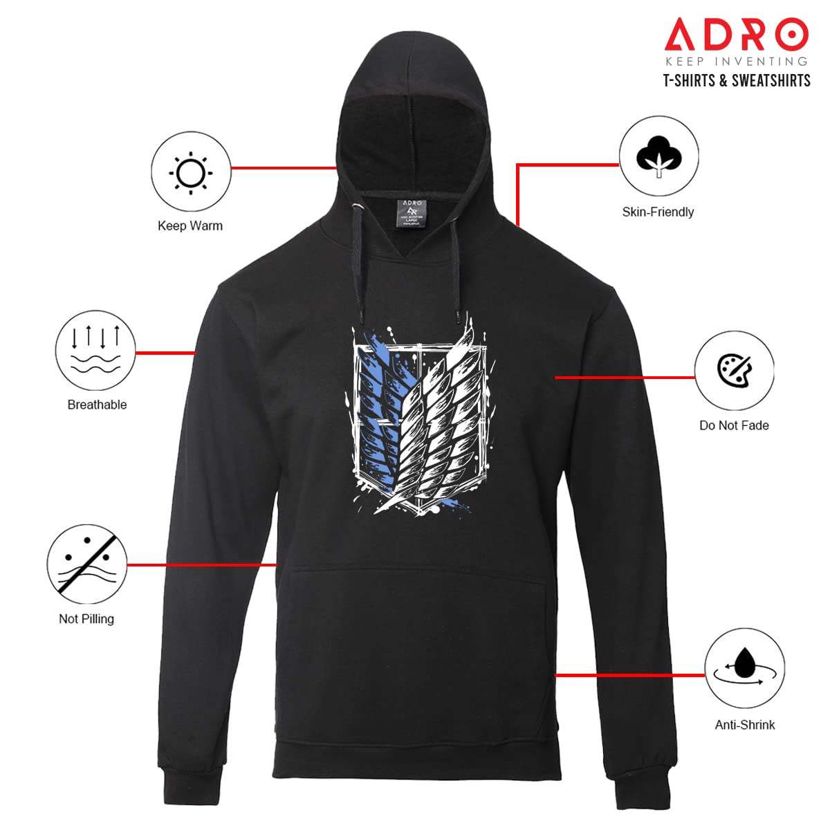 ADRO Men's Cotton Neck Hooded Sweatshirt (H22-M-AR2-BL_Black)