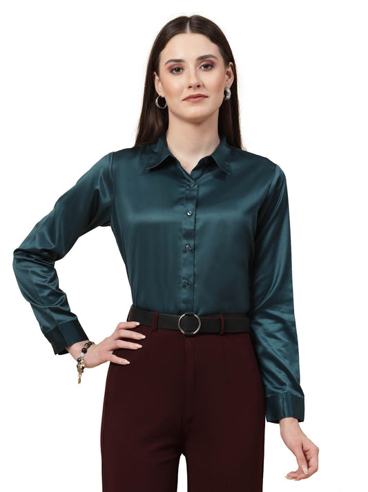 Style Quotient Women Teal Satin Regular Formal Shirt