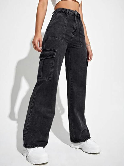 Kotty WomenS Solid High Waist Relaxed Fit Cotton Lycra Blend Cargo Jeans