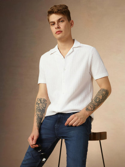 Dennis Lingo MenS White Half Sleeve Cuban Collar Solid Textured Relaxed Fit Casual Shirt