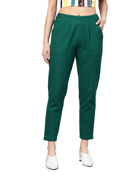 Digital Shopee Women Regular Fit Elastic Waist Full Length Cotton Formal Trouser For Casual Wear, Office Wear Green