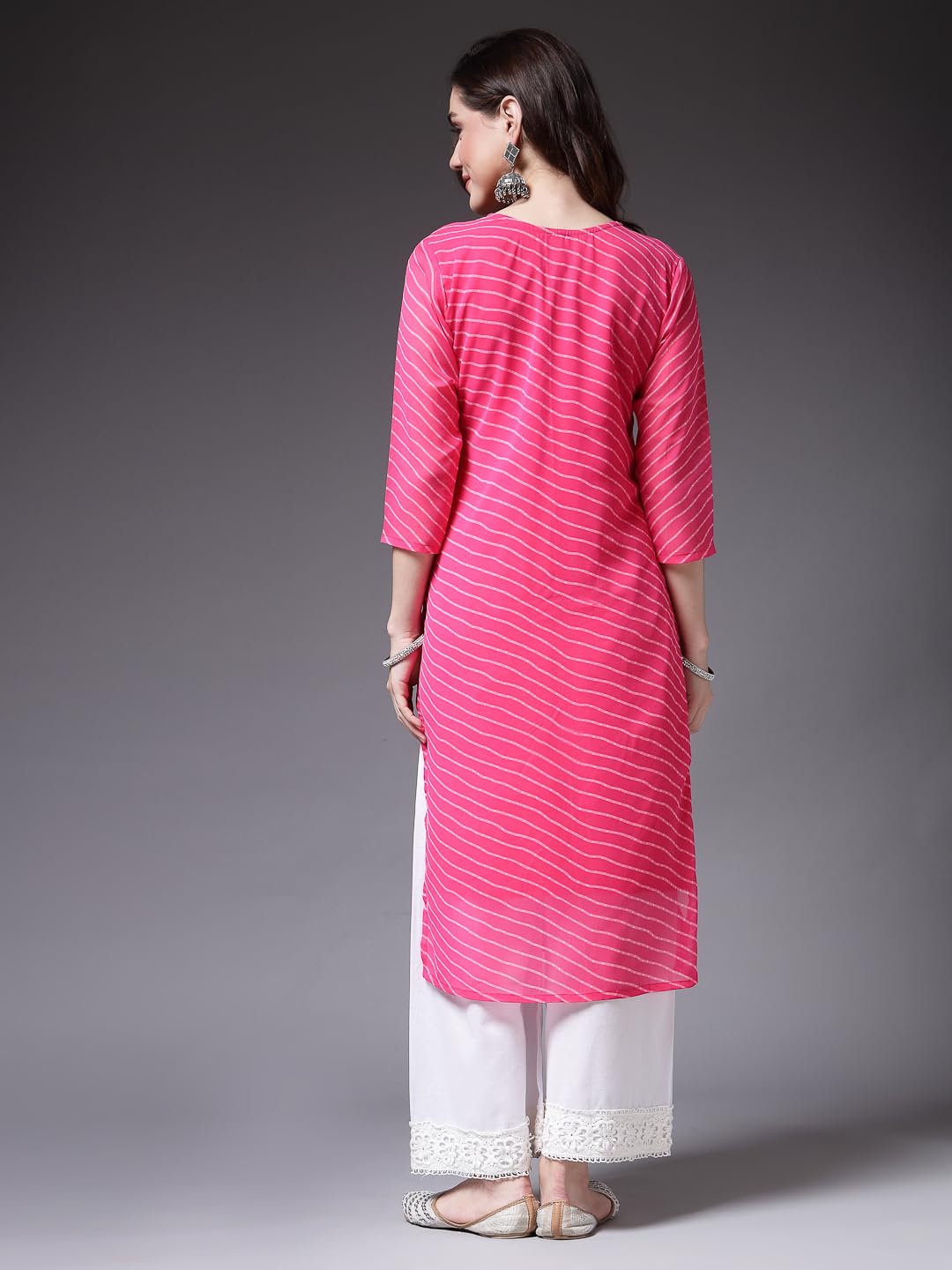 Stylum Women's Lehariya Printed & Embroidered Georgette Naira Cut Kurta (TOWNPINK_Pink)