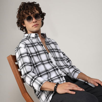 Campus Sutra Mens Chalk White & Midnight Black Brushed Buffalo Check Shirtfor Casual Wear | Spread Collar | Long Sleeve | Butto