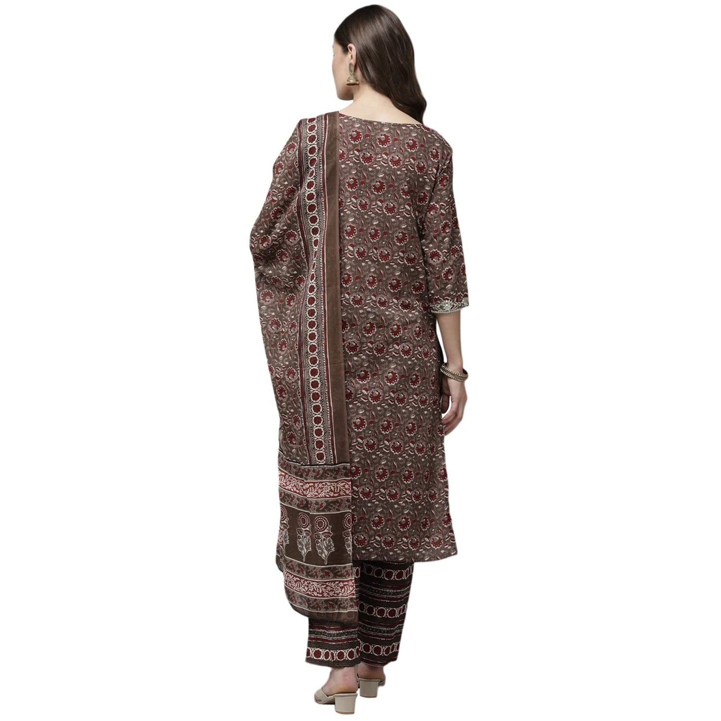 anubhutee Women's Cotton Brown Ethnic Motifs Printed Straight Kurta Suit Set With Pants And Dupatta