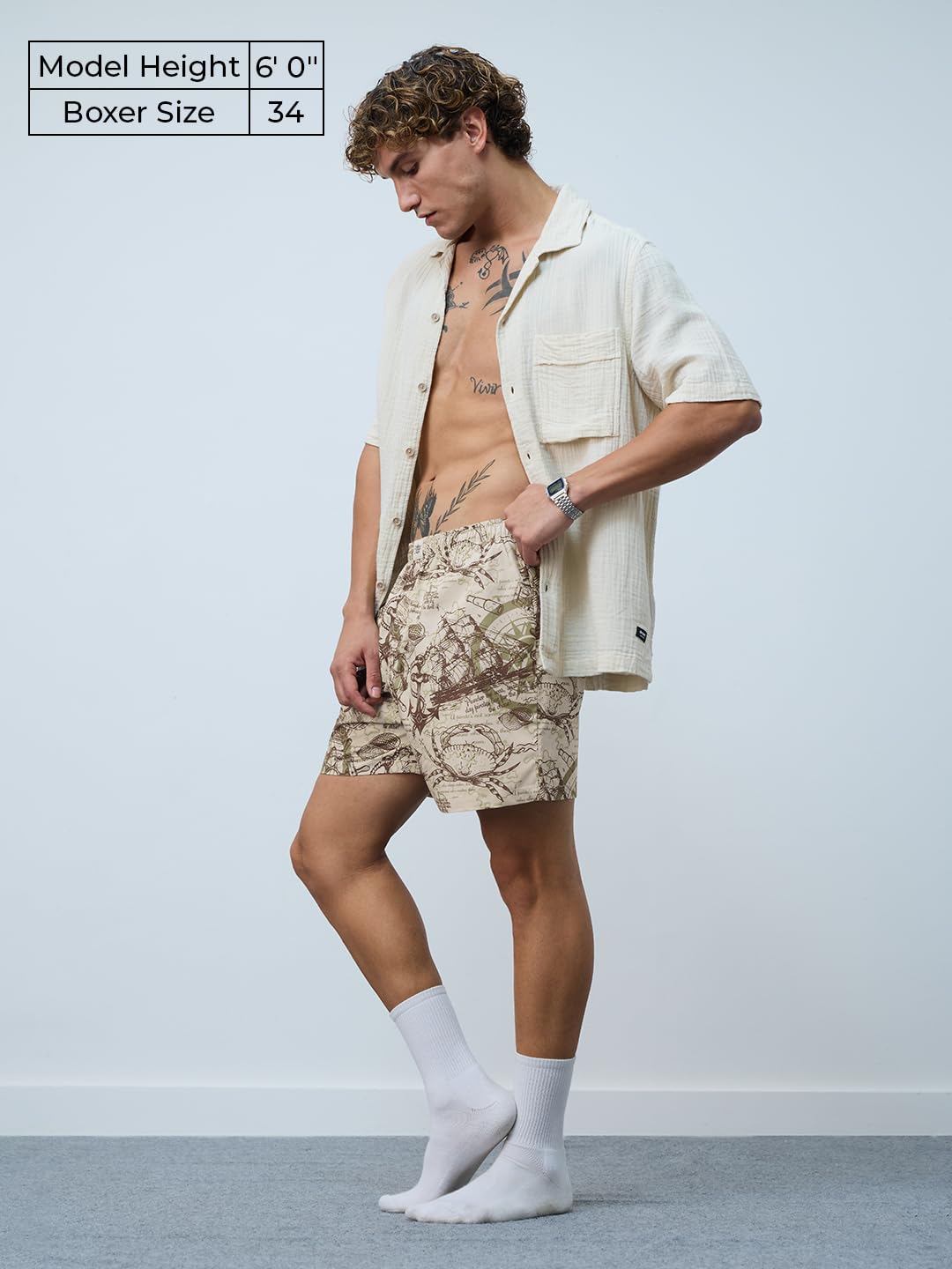 The Souled Store Sailor Wanderer Men and Boys Beige All Over Printed Regular Fit Cotton Boxer Shorts