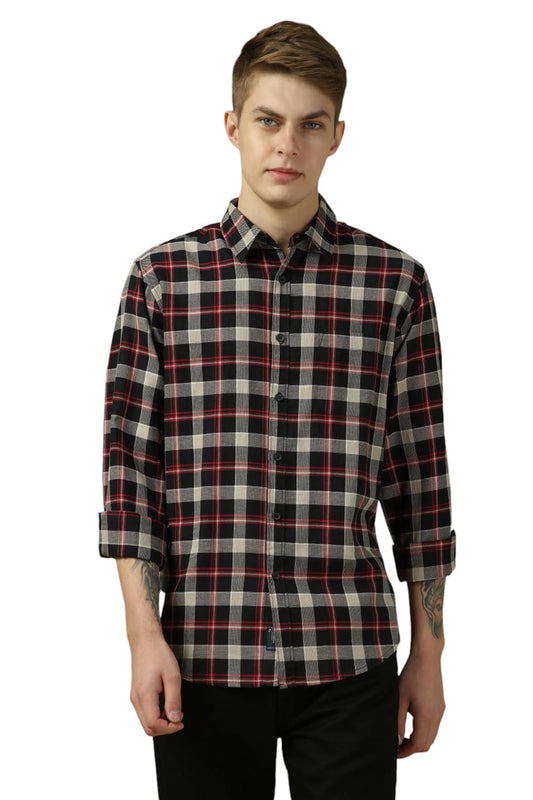 Dennis Lingo Men Checks Full Sleeve Spread Collar Shirts Black