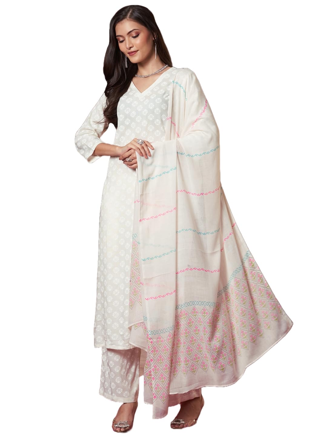 Gosriki WomenS Rayon Viscose Printed Straight Kurta With Pant & Dupatta (Mirai White-Vks03-Gs_5Xl_White_Xxxxx-Large)