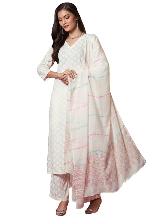 Gosriki WomenS Rayon Viscose Printed Straight Kurta With Pant & Dupatta (Mirai White-Vks03-Gs_5Xl_White_Xxxxx-Large)