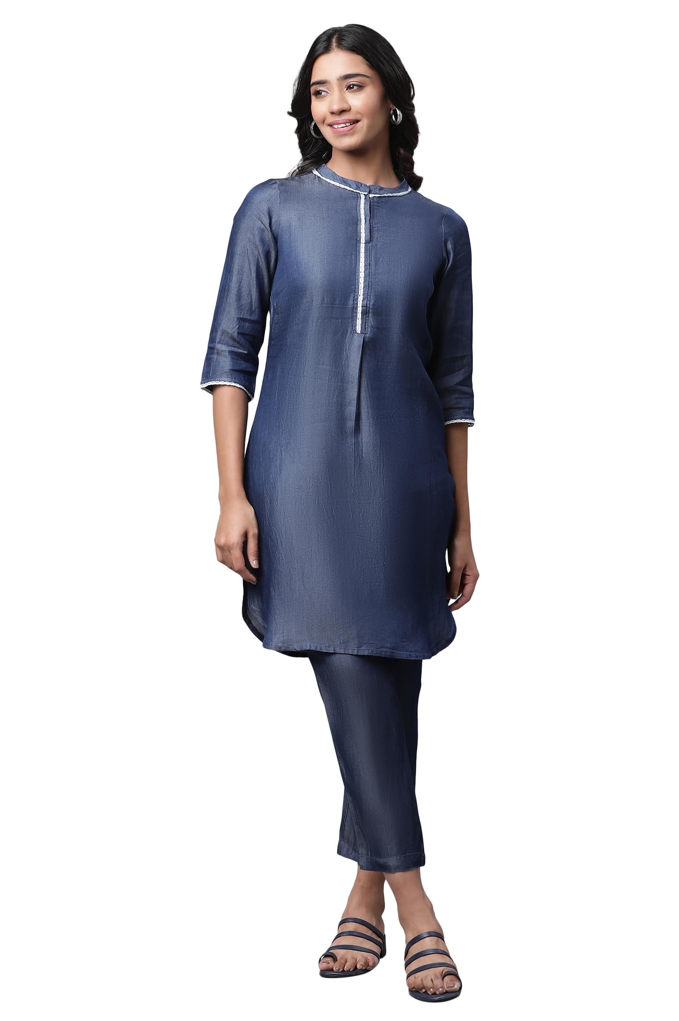 Blue Cotton Denim Kurta and Pants Co-ord Set