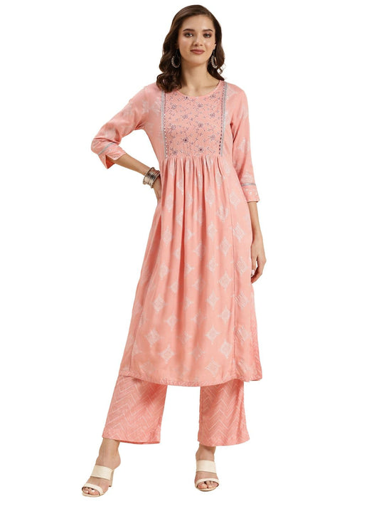rangita Peach Rayon Embroidered Flared Kurta with Pant | Kurta Set for Women