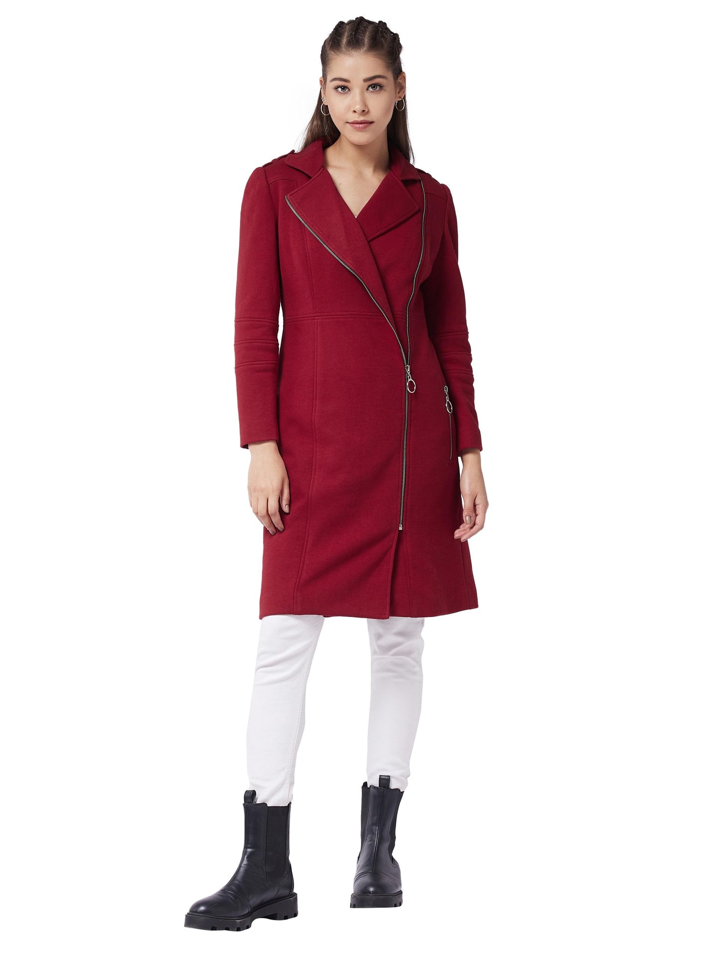 Miss Chase Womens Full Sleeve Solid Knee Length Jacket (MCAW24JKT99-42-143-06, Maroon, XL)