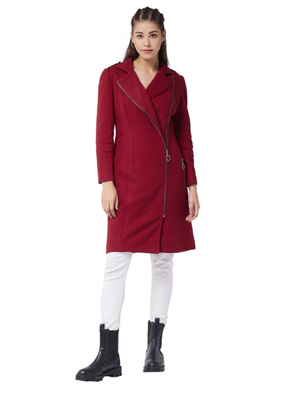 Miss Chase Womens Full Sleeve Solid Knee Length Jacket (MCAW24JKT99-42-143-06, Maroon, XL)