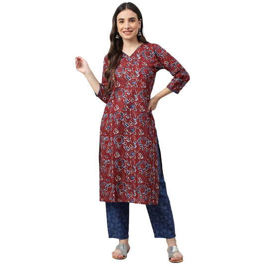 idaLia Maroon Printed Cotton Kurta with Blue Printed Pants