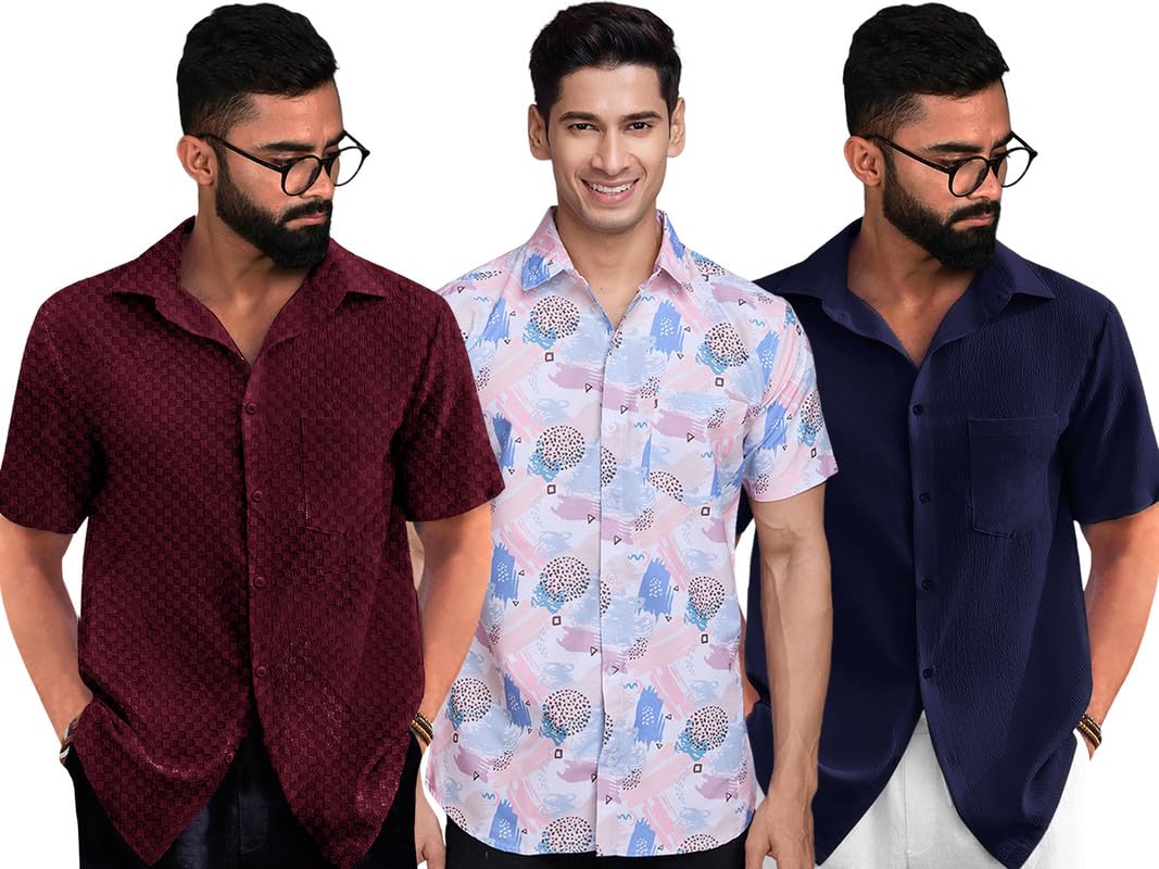 Pinkmint Shirt Combo for Mens l Stylish Half Sleeve Popcorn & Printed Shirt Combo l Beach Wear l Regular Home Wear (Pack of 3)