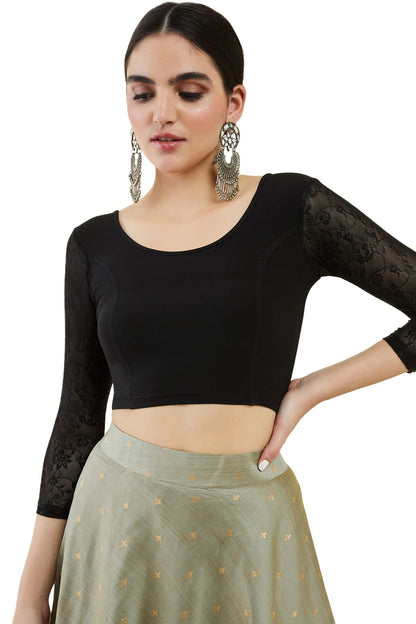 Soch Womens Black Spandex Princess Cut Blouse With Floral Sleeves