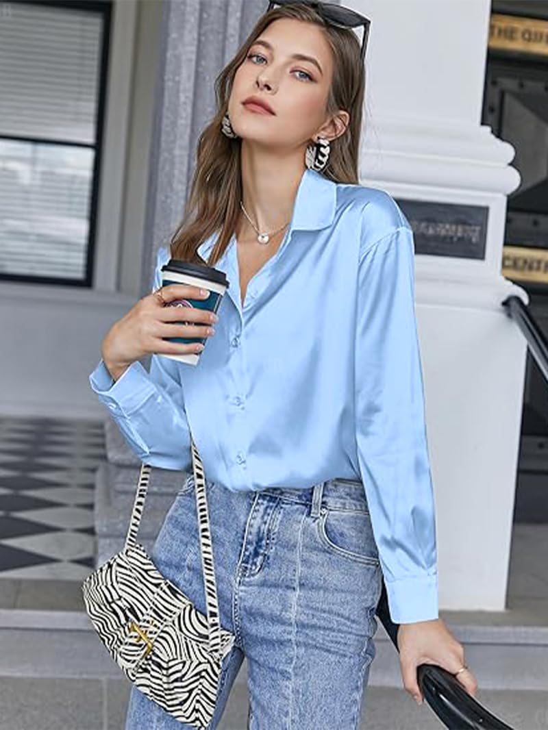 CB-COLEBROOK Womens Blouse Satin Silk Stylish Shirts Button Down Solid Shirts Casual Loose Long Sleeve Office Work Tunic Wester