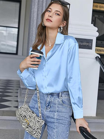 CB-COLEBROOK Womens Blouse Satin Silk Stylish Shirts Button Down Solid Shirts Casual Loose Long Sleeve Office Work Tunic Wester