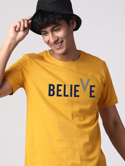 ADRO Believe Design Printed T-Shirt for Men (R22-M-BVV-MU_Mustard)
