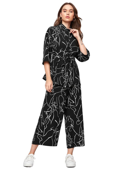 GRECIILOOKS Women Co Ord Set| Collared Self Belted Allover Print| Half Sleeve Shirt| Straight Shirt with Belt| Women Two-Piece O