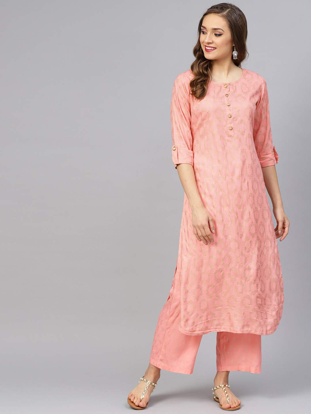 idaLia Women's Peach Printed Rayon Kurta with Pants