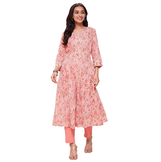 Fabindia WomenS Cotton Printed Slim Long Kurta (1038211Peach_Peach