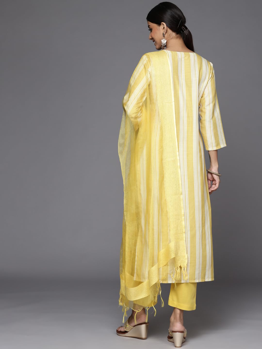 Varanga Stripe Printed Embroidered Kurta Paired with Solid Straight Trouser and Dupatta