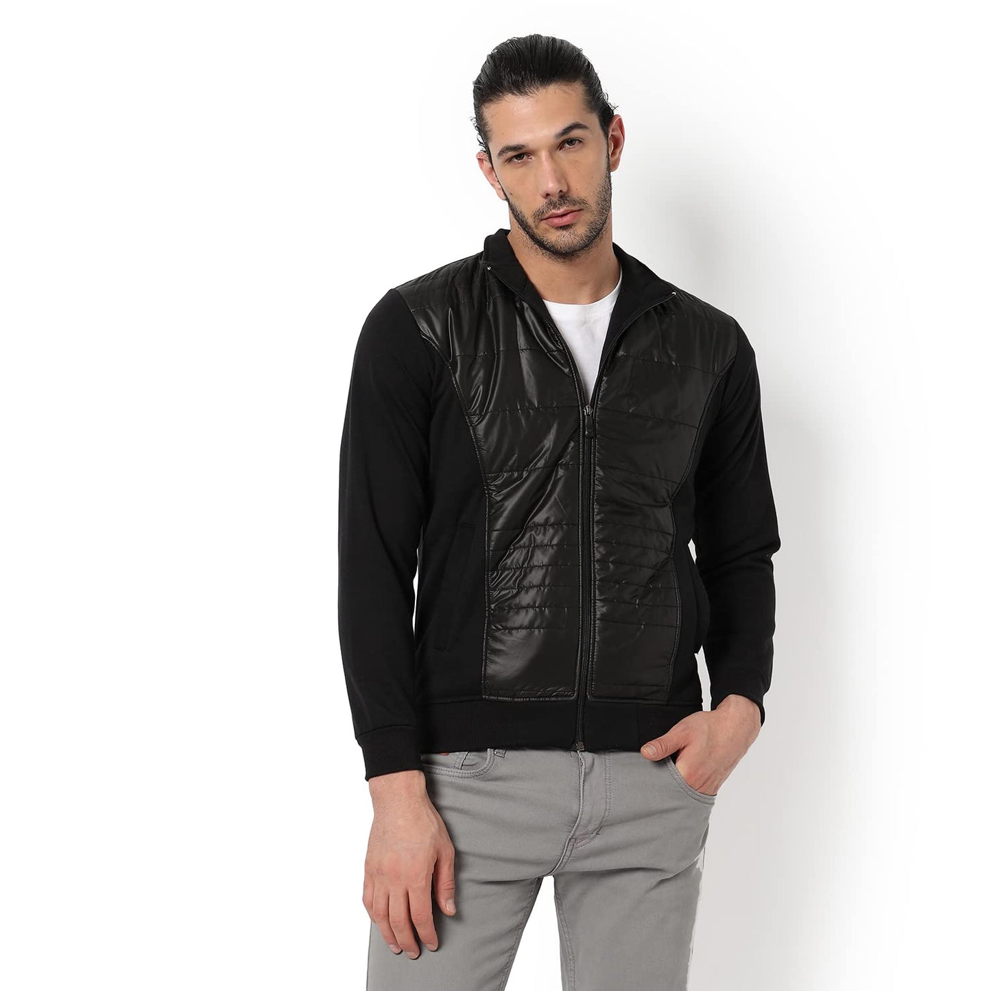 Campus Sutra Mens Black Solid Vegan Leather Regular Fit Bomber Jacket For Winter Wear | Standing Collar | Full Sleeve | Zipper