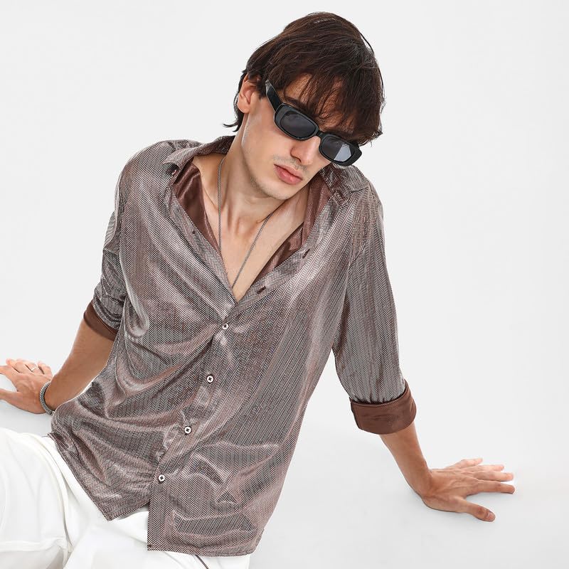 Campus Sutra Mens Metallic Brown Sheen Chevron Shirt for Casual Wear | Spread Collar | Long Sleeve | Button Closure | Shirt Cra