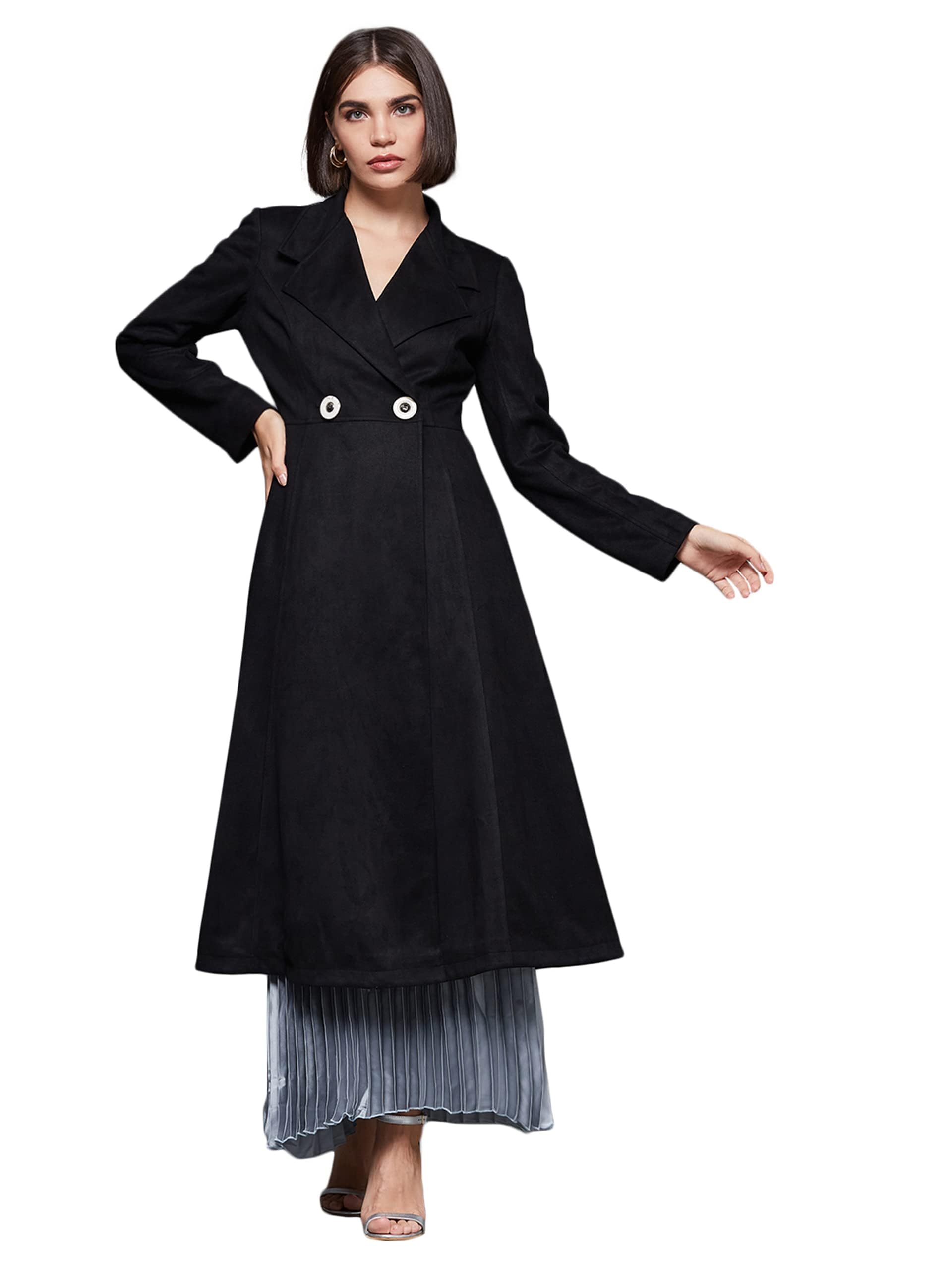 Miss Chase WomenS Black Solid V-Neck Full Sleeves Polyester Longline Jacket (Mcaw22Jkt03-46-62-06, Black, Xl)