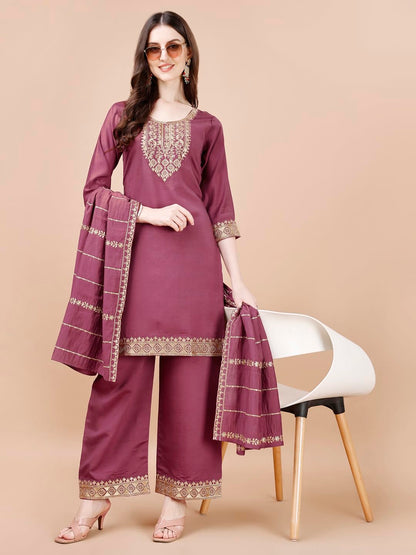 Pratham Blue Women's Chanderi Silk Embroidered Straight Kurta with Palazzos and Dupatta