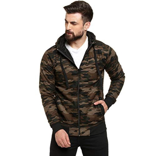 Campus Sutra Mens Olive Green Camouflage Printed Zipper Sweatshirt Regular Relaxed Fit for Casual Wear | Structured Hoodie Craf