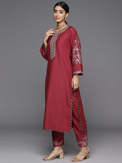 Varanga Women's Maroon Round Neck Yoke Embroidered Straight Kurta with Tonal Embroidered Bottom and Contrast Dupatta with Fringes ?Elegant Ethnic Wear