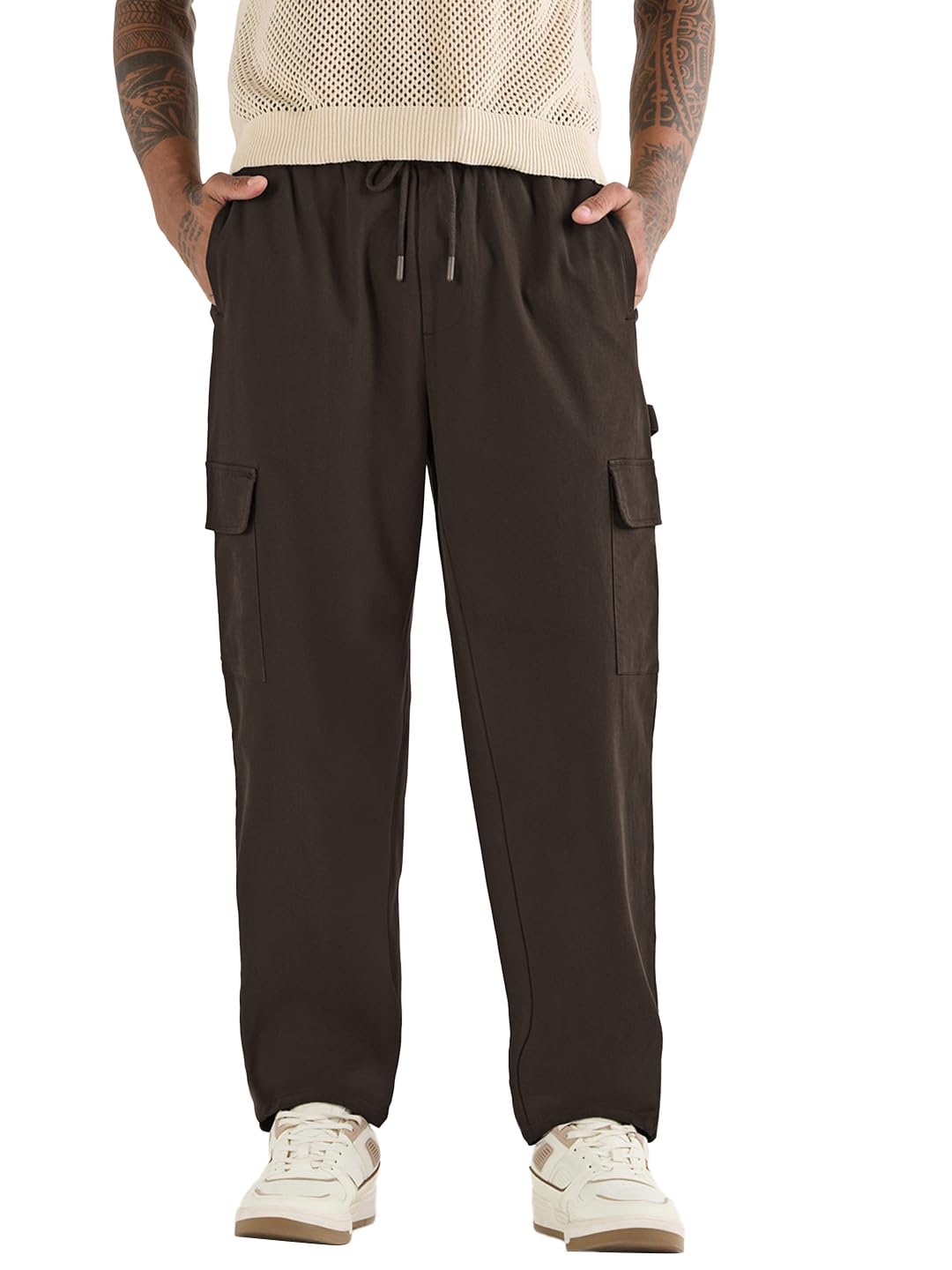 Bewakoof Mens Mid Rise Solid Regular Fit Cotton Blend Cargo Carpenter Pant_617419_Brown_30