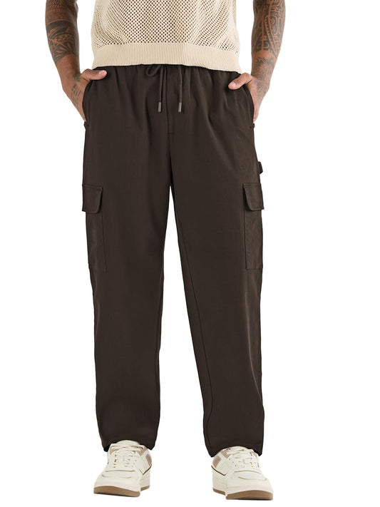 Bewakoof Mens Mid Rise Solid Regular Fit Cotton Blend Cargo Carpenter Pant_617419_Brown_30