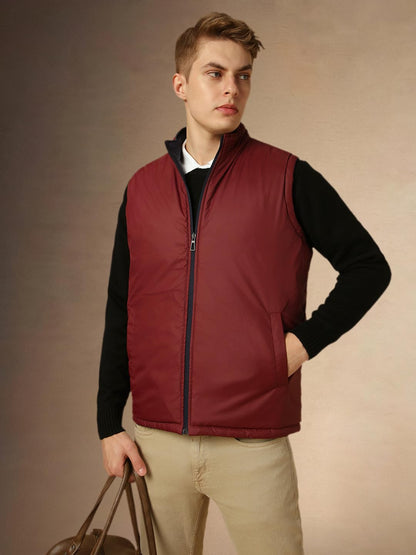 Dennis Lingo Men Navy Blue Solid Regular Fit Sleeveless Mock Collar Padded Jacket