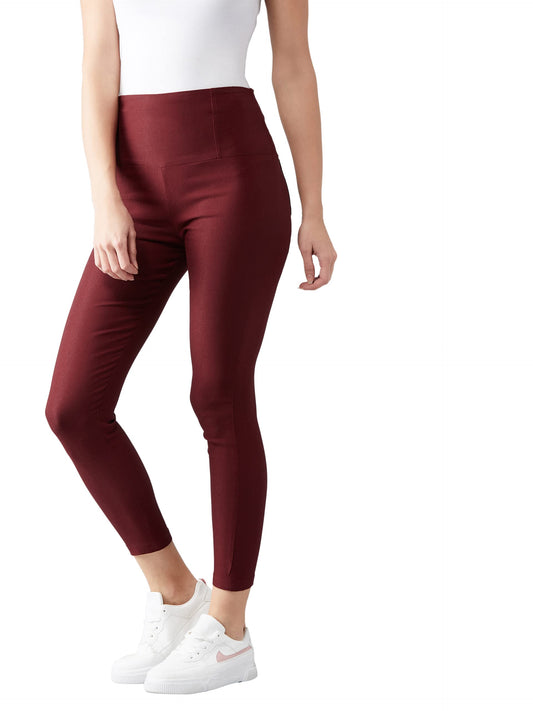 Dolce Crudo Maroon Knitted Solid high Waist Regular Length Slim fit Treggings, Has Two Patch Pockets(DOSS19BT02-68-143-02,26,Mar