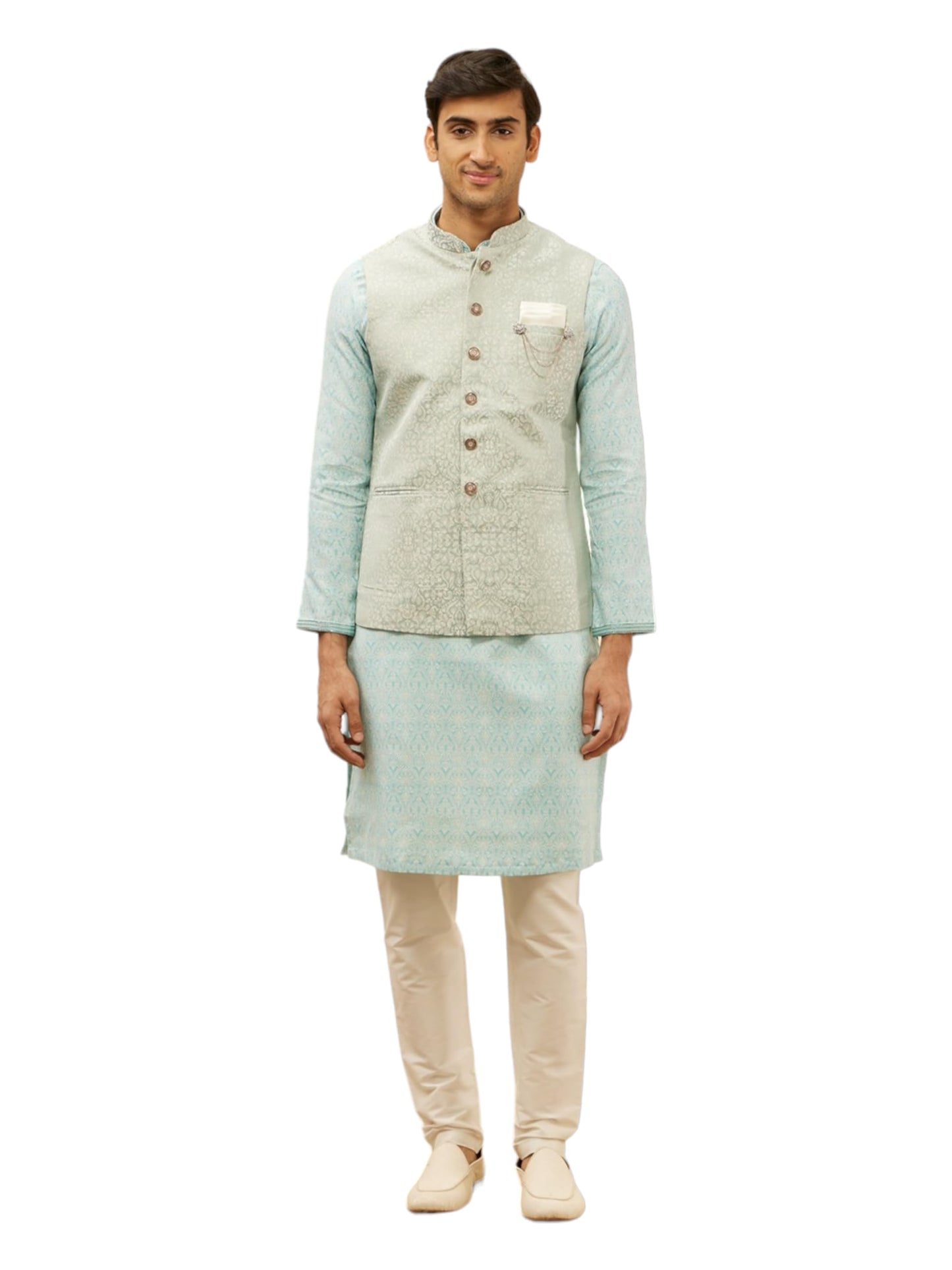 Manyavar Mens Blue Brocade JACQUARD Jacket